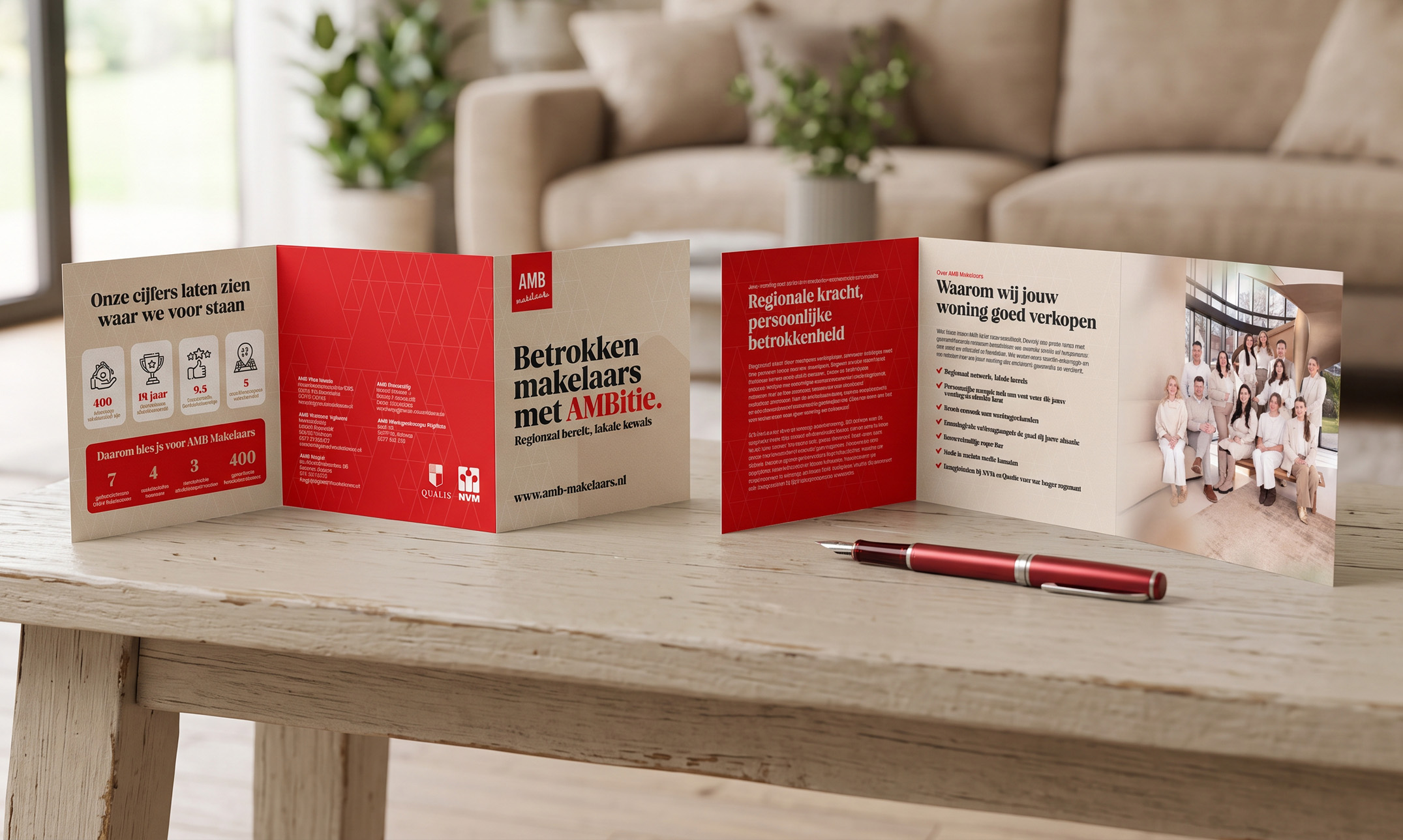 rebranding-AMB-makelaars-folder Huisstijlontwerp voor AMB Makelaars met een warme en herkenbare uitstraling.