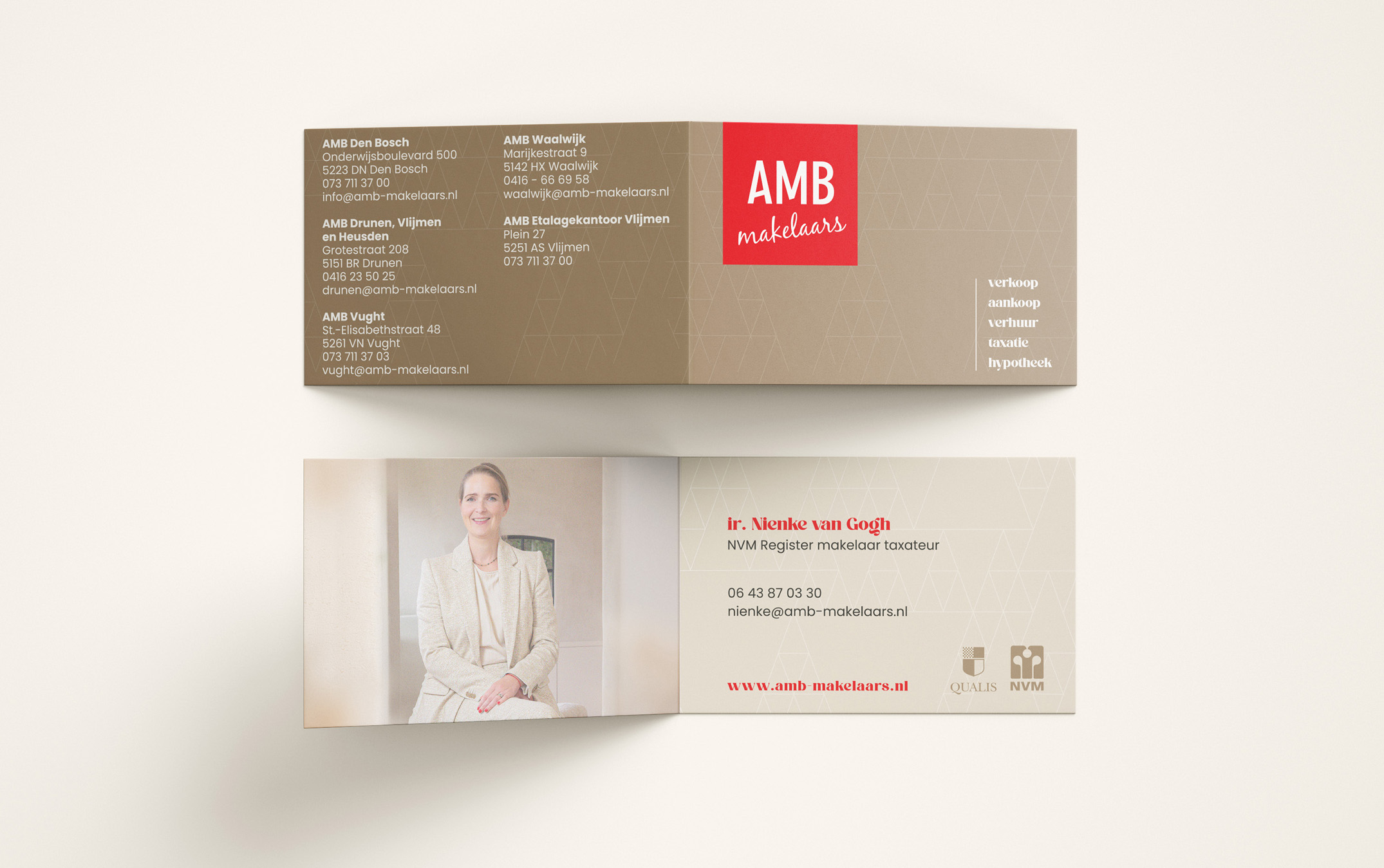 rebranding-AMB-makelaars-huisstijl Visuele identiteit van AMB Makelaars toegepast op diverse communicatiemiddelen.
